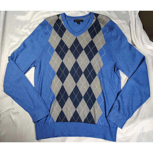 banana republic Mens V neck Sweater Silk Cashmere Cotton Argyle Harlequin Large